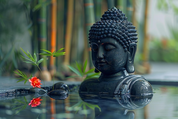 Buddha statue in black color with water and bamboo plants behind it a flower on the left side of th