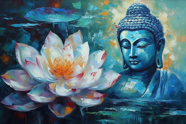 Buddha statue and a flower in a peaceful setting Generative AI