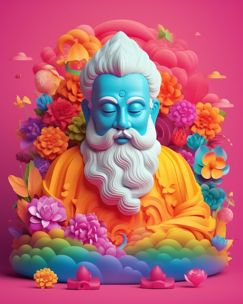 Buddha statue in front of a colorful flower background