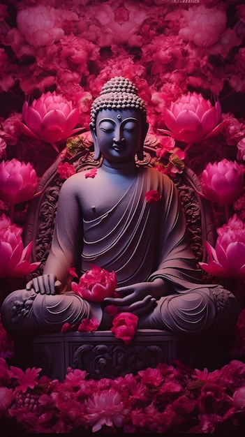 Buddha statue in front of a pink flower background