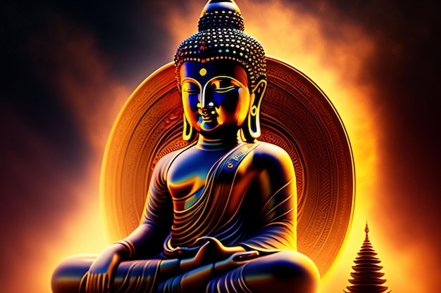 A buddha statue behind a golden sun