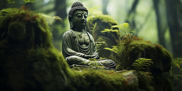 Buddha statue in green forest Generative AI