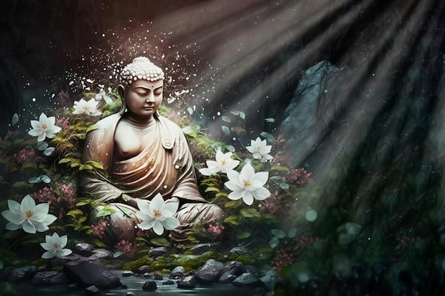 Buddha statue illuminated by the rays of the sun with white flowers in tropical forest