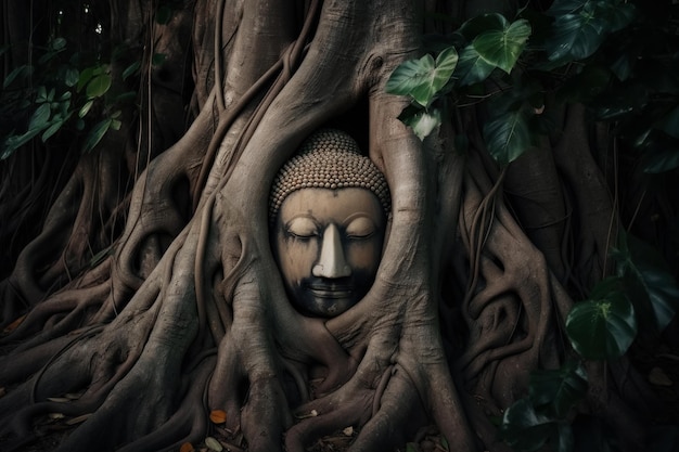 A buddha statue is surrounded by roots and leaves.