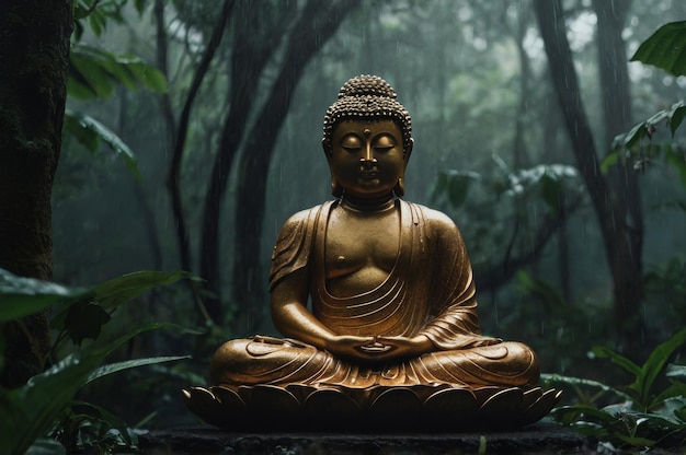 a buddha statue in the jungle with the word buddha on the back