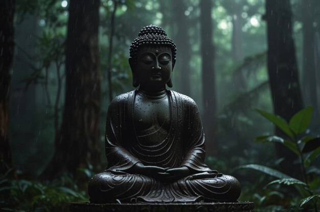 a buddha statue in the jungle with the word buddha on the back