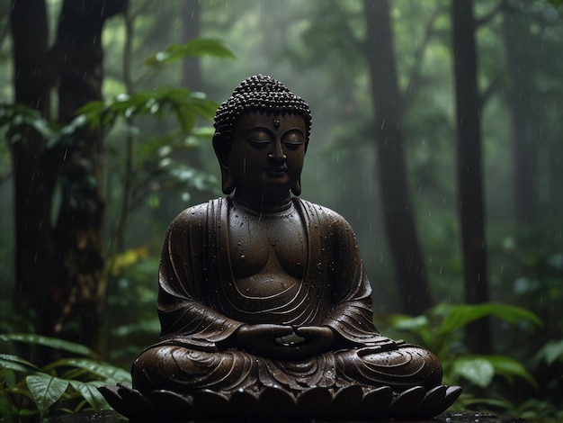 a buddha statue in the jungle with the word buddha on the back