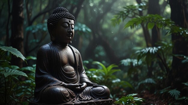 a buddha statue in the jungle with the word buddha on the back