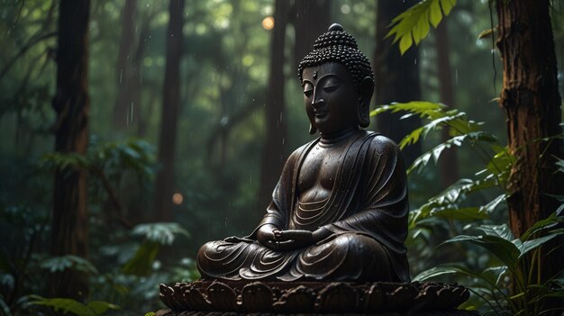 a buddha statue in the jungle with the word buddha on the back