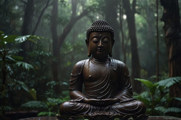 a buddha statue in the jungle with the word buddha on the back