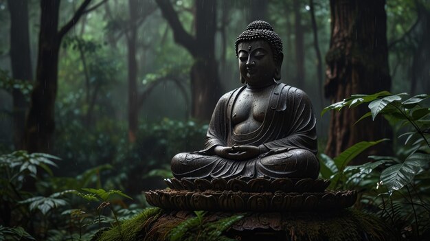 Photo a buddha statue in the jungle with the word buddha on the chest