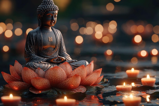 Photo buddha statue on a lotus flower with candles