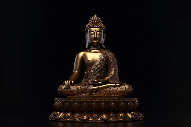 Buddha statue meditating on black background Soft focus CloseupGenerative AI