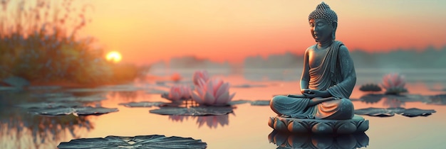 Buddha statue in meditating position in a river