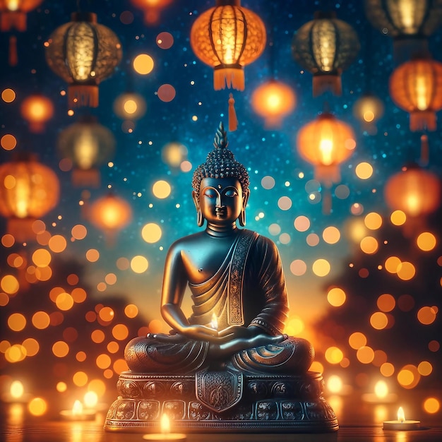 Buddha Statue Meditation Bokeh Lights Twilight Ambiance