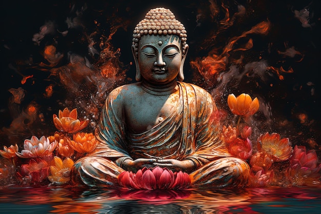 Buddha statue in meditation position next to a lotto flower candles and water Generative AI