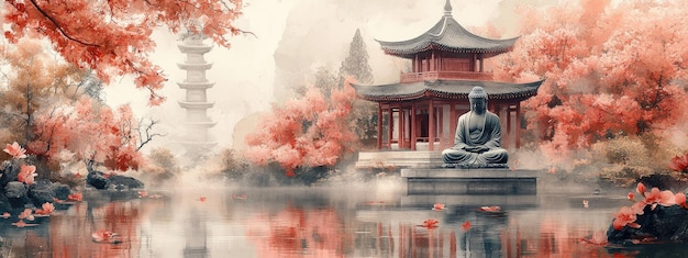 Buddha statue in meditation surrounded by cherry blossoms and traditional Chinese architecture