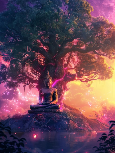 Buddha Statue in Mystical Pink Forest