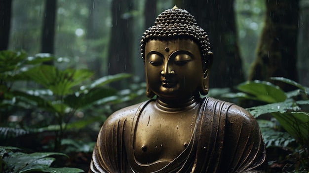 Photo a buddha statue in the rain with the word buddha on the top