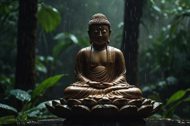 buddha statue in the rain