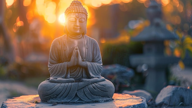 Buddha statue on rock at sunset