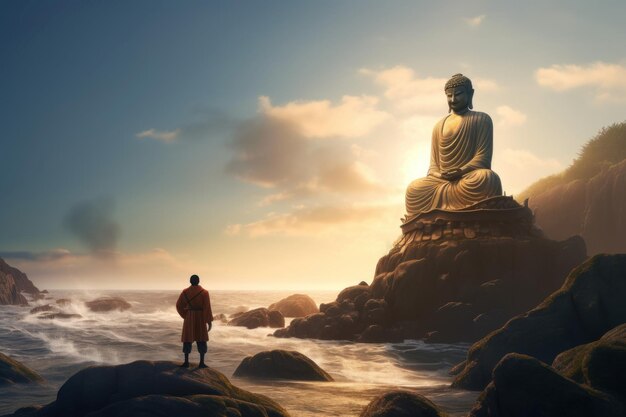 Buddha statue on sea rock Generate Ai