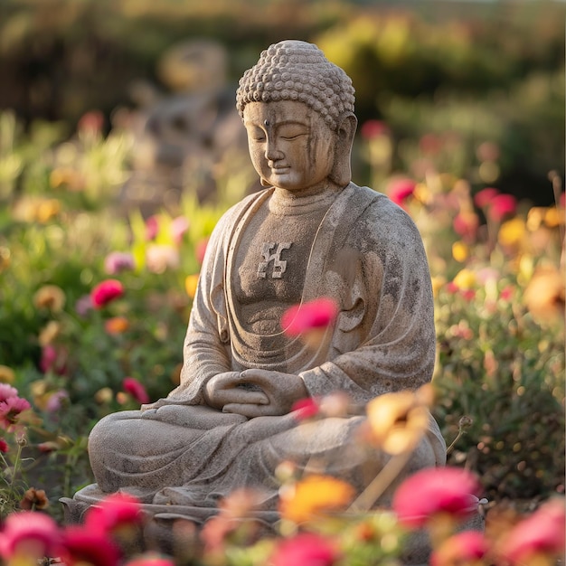 a buddha statue sits in a field of flowers