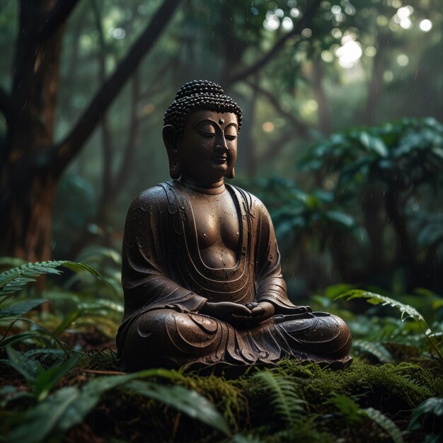 Photo a buddha statue sits in the forest surrounded by ferns