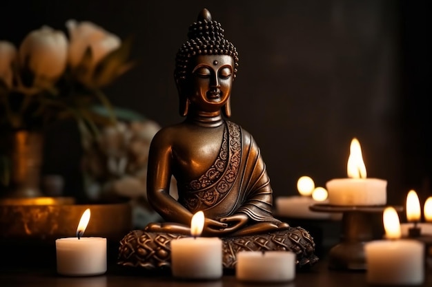 A buddha statue sits in front of candles with the word buddha on it.