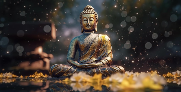 A buddha statue sits in front of a snow covered forest.