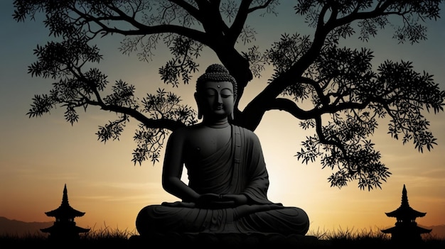 Photo a buddha statue sits in front of a tree with the word buddha on it