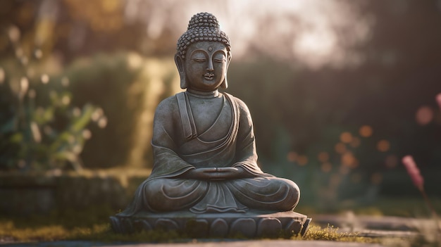 A buddha statue sits in a garden with the sun shining on it.