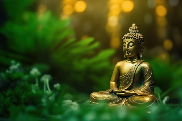 A buddha statue sits in a jungle with a green background.