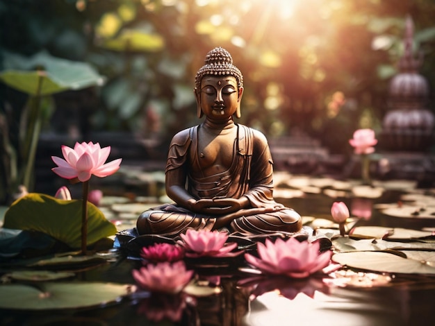 Photo a buddha statue sits in a pond with lotus flowers