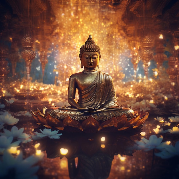 A buddha statue sits in a pool of water with a lit up light behind it.