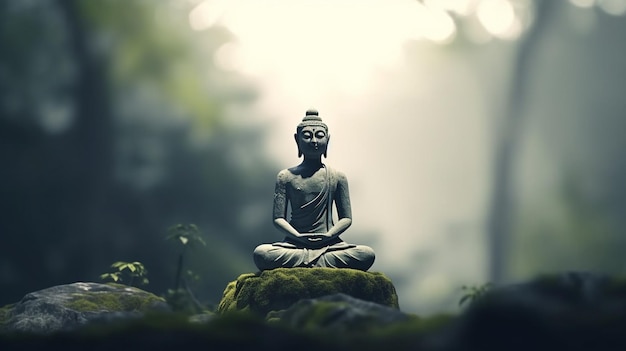 A buddha statue sits on a rock in the forest.