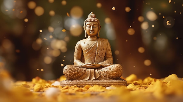 A buddha statue sits on a table covered in yellow petals.