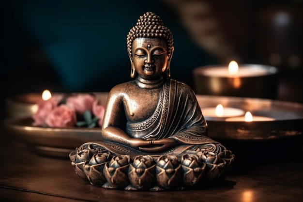 A buddha statue sits on a table with candles in the background.