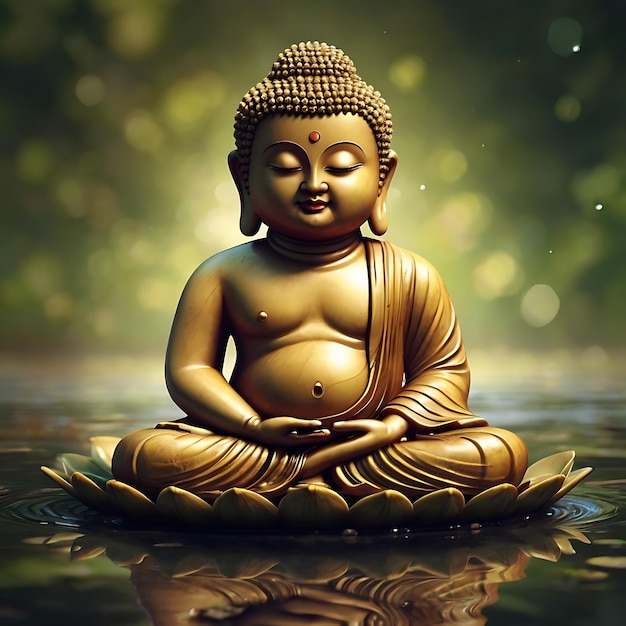 a buddha statue sits in the water with a reflection of a tree behind him