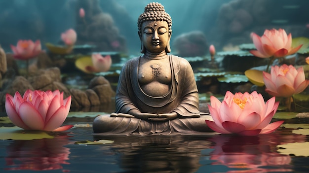 A buddha statue sitting on top of a body of water