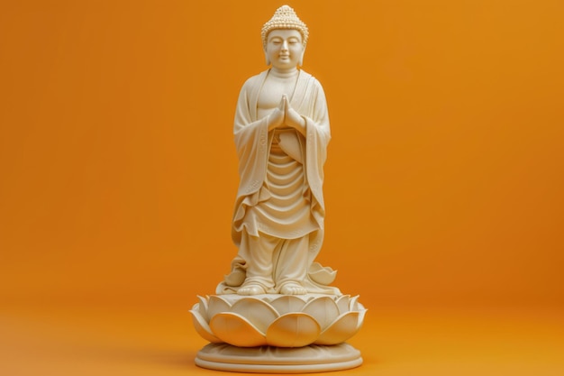 Buddha statue standing on lotus flower against orange background