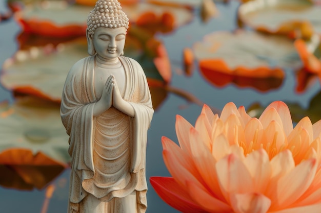 Buddha statue standing on lotus flower against orange background