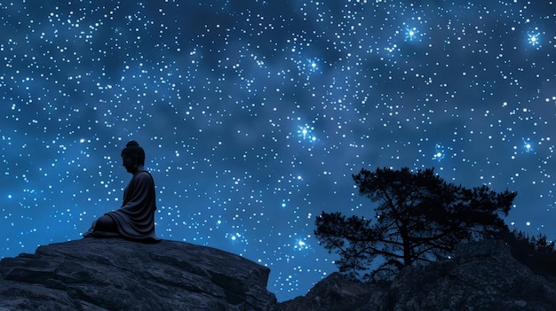 Buddha Statue Under Starry Night Sky