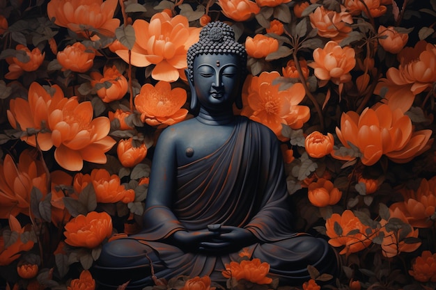 Buddha statue surrounded by orange flowers on a black background