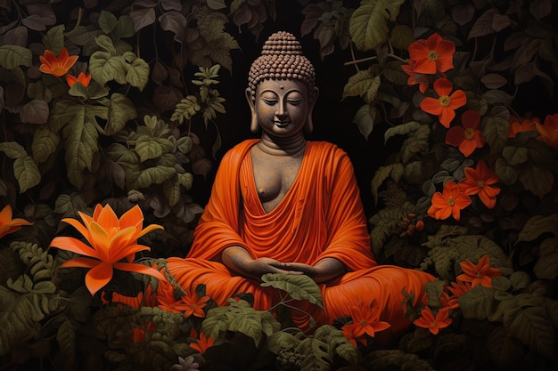 Buddha statue surrounded by orange flowers on a black background