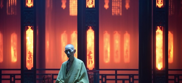 Buddha statue in the temple at night rendering