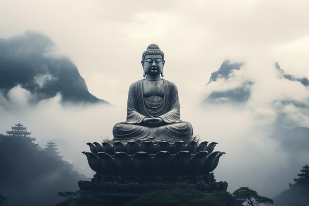 Buddha statue on the top of mountain in misty morning