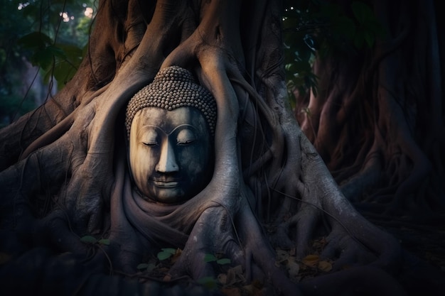 Buddha statue in a tree with roots