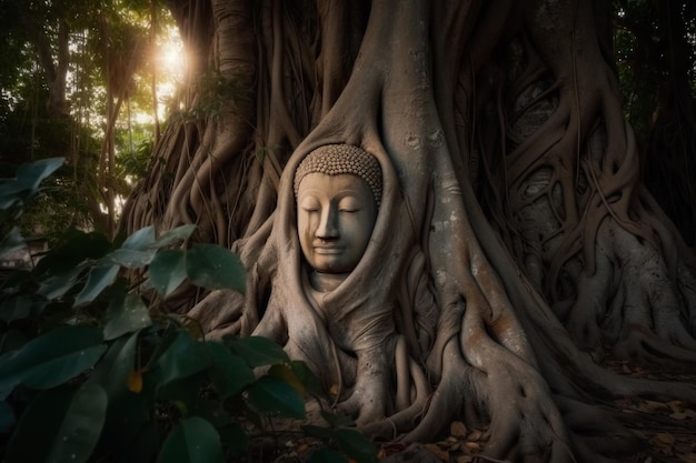 Buddha statue in a tree with the sun shining through the tree roots