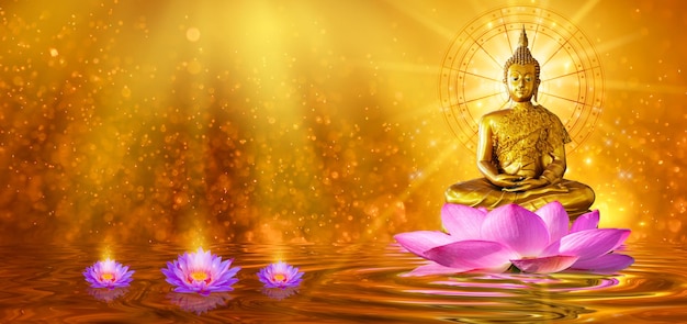 Buddha statue water lotus Buddha standing on lotus flower on orange background